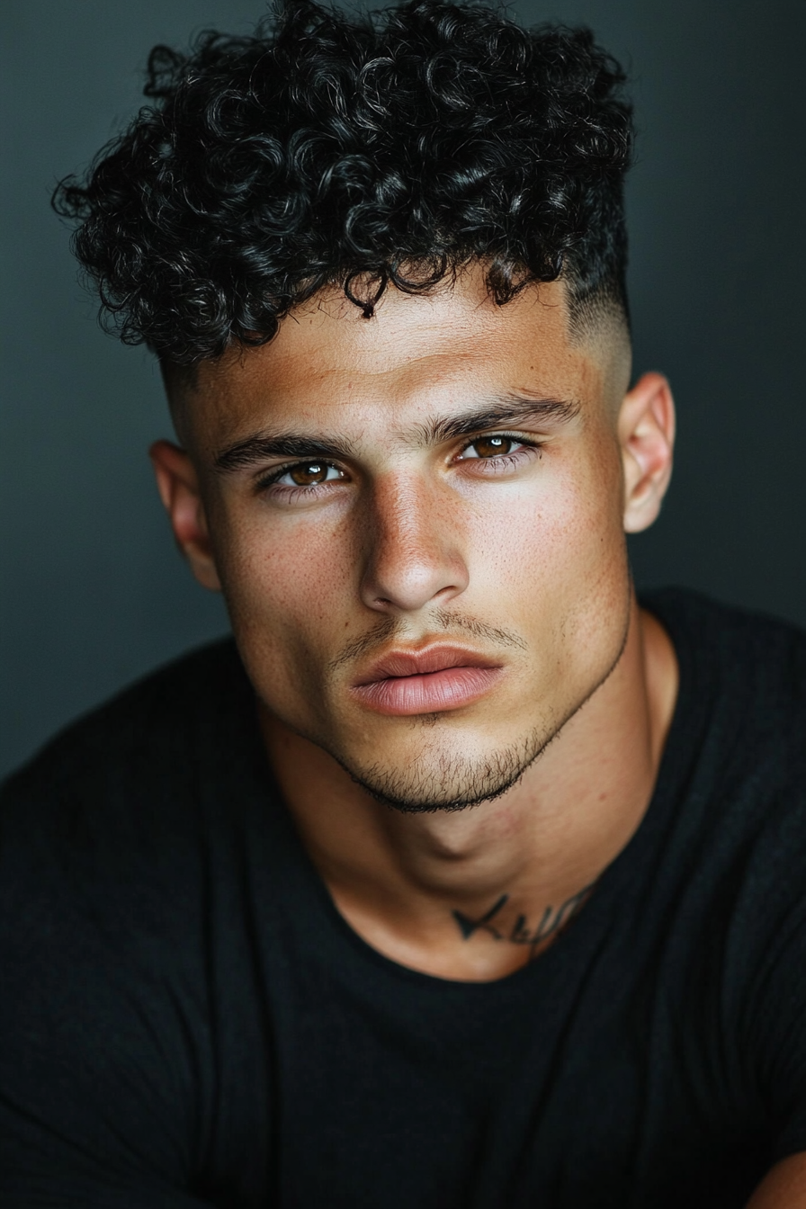 Men's hairstyle. High fade with defined curls texture.