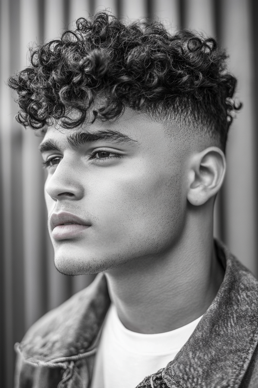 Men's style. Curly hair with high taper fade.