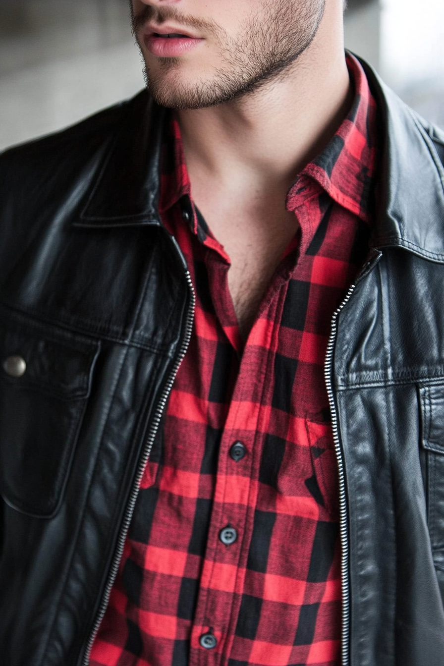 Edgy men's style. Black leather jacket with a red plaid shirt.