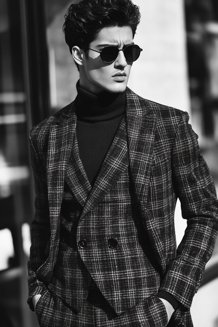 Men's statement style. Turtleneck with plaid suit, medium-top faded sides.