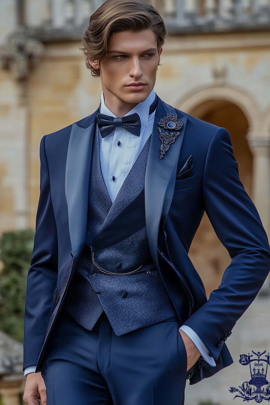 Classic men's style. Navy blue slim-fit tuxedo with gradient satin lapels.