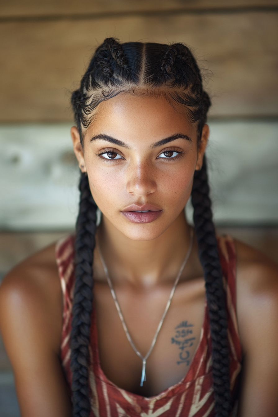 Braided hairstyle. Cornrows with zigzag pattern and tea tree oil treatment.