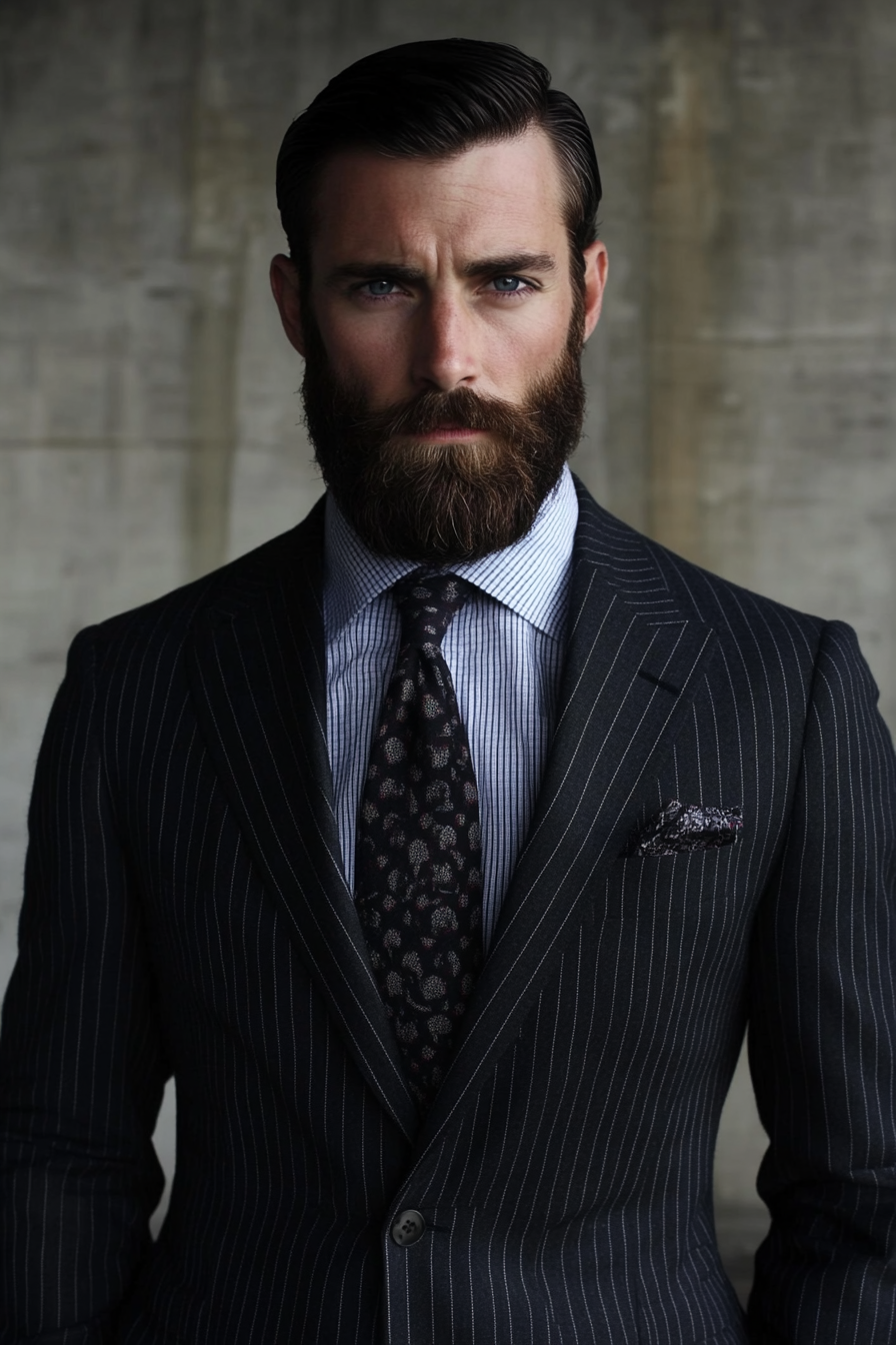 Men's style. Charcoal wool suit with chalk pinstripe, checked shirt, patterned tie, high-contrast fade.