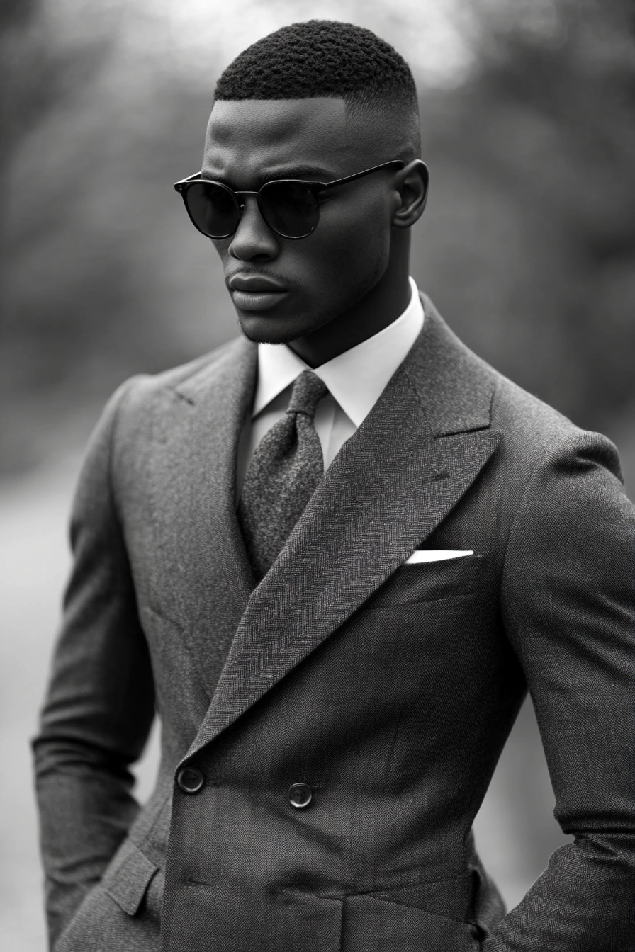 Men's style. Charcoal grey two-piece suit with a precision fade haircut.