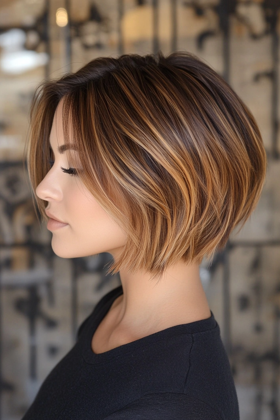 Woman's short hairstyle. Choppy bob with caramel highlights.