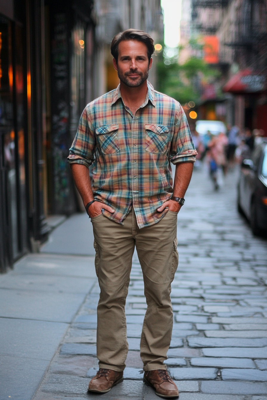 Men's short style. Gradient plaid shirt with straight-leg khaki pants.