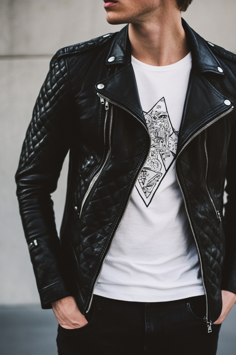 Edgy men's style. Black leather jacket with white graphic t-shirt.