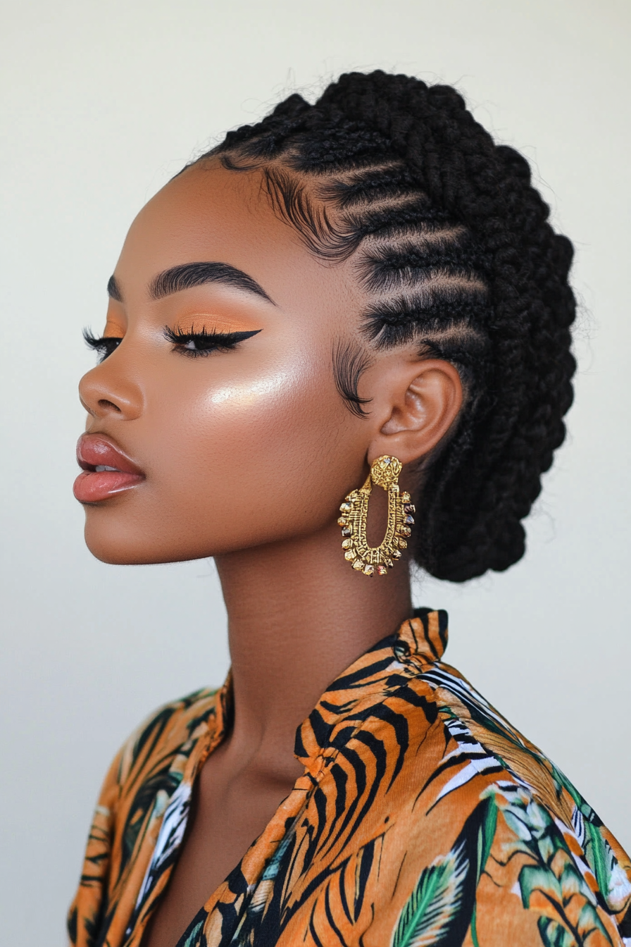 Protective style for women. Cornrow pattern, satin pillowcase maintenance