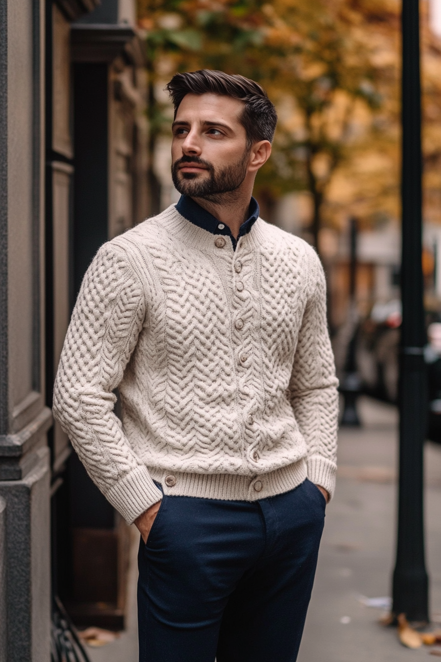 Men's seasonal style. Textured cable knit sweater with sharp navy chinos.