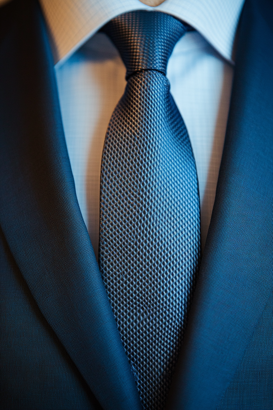 Men's style. Dark blue suit with gradient-patterned tie.