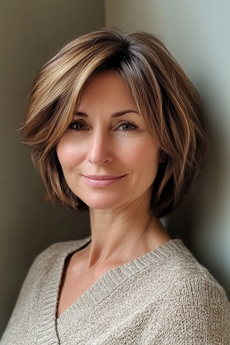 Natural style women's haircut. Layered bob with subtle highlights.