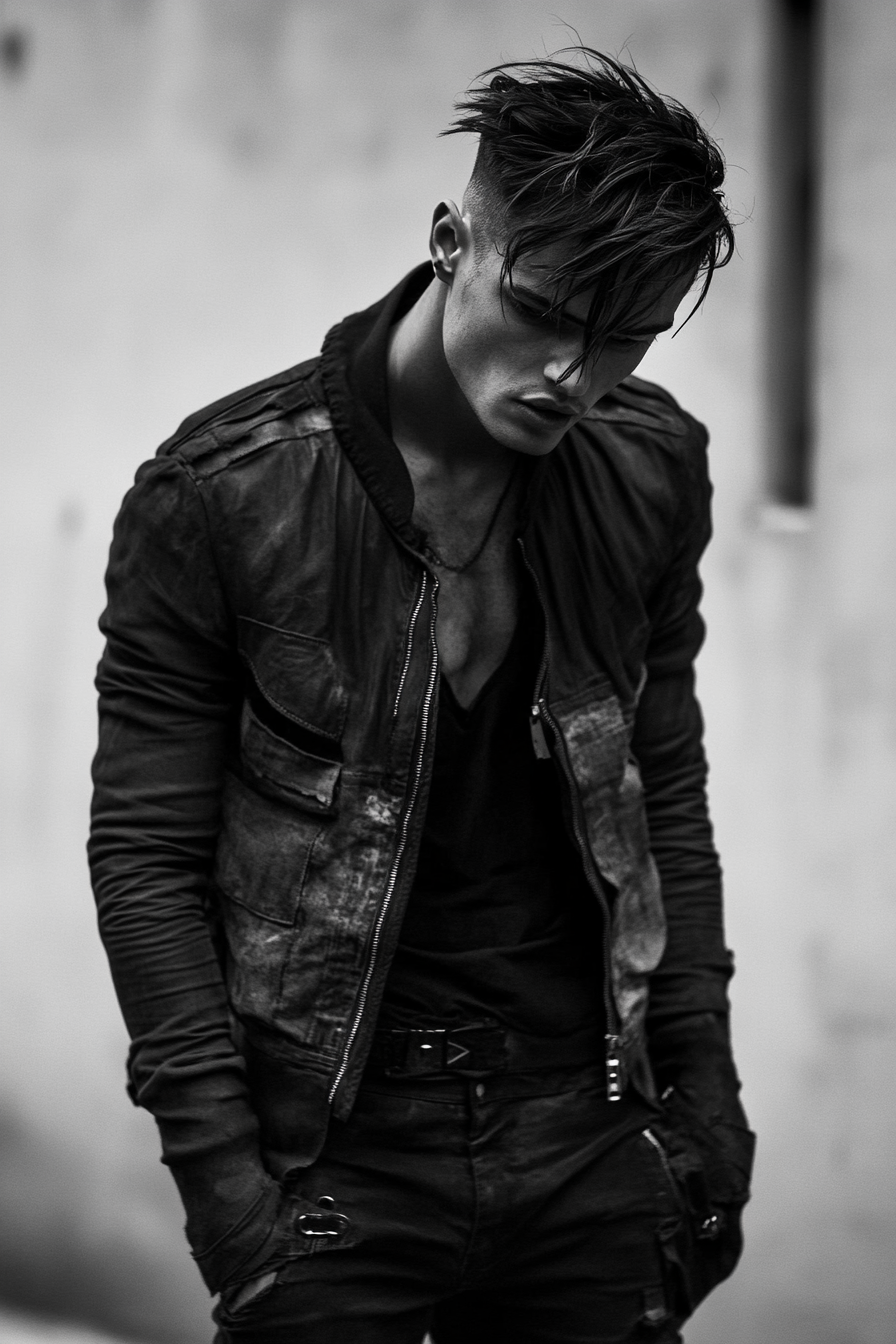 Edgy men's style. Loose, high top with distinct faded sides.