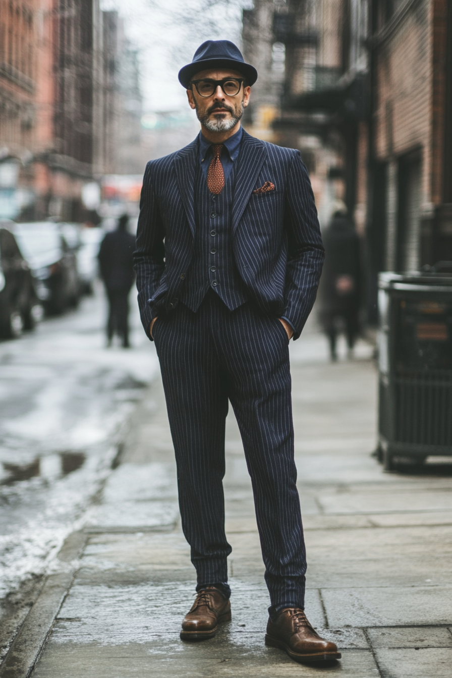 Men's statement style. Tall, navy pinstripe suit with subtle fade-patched detailing.