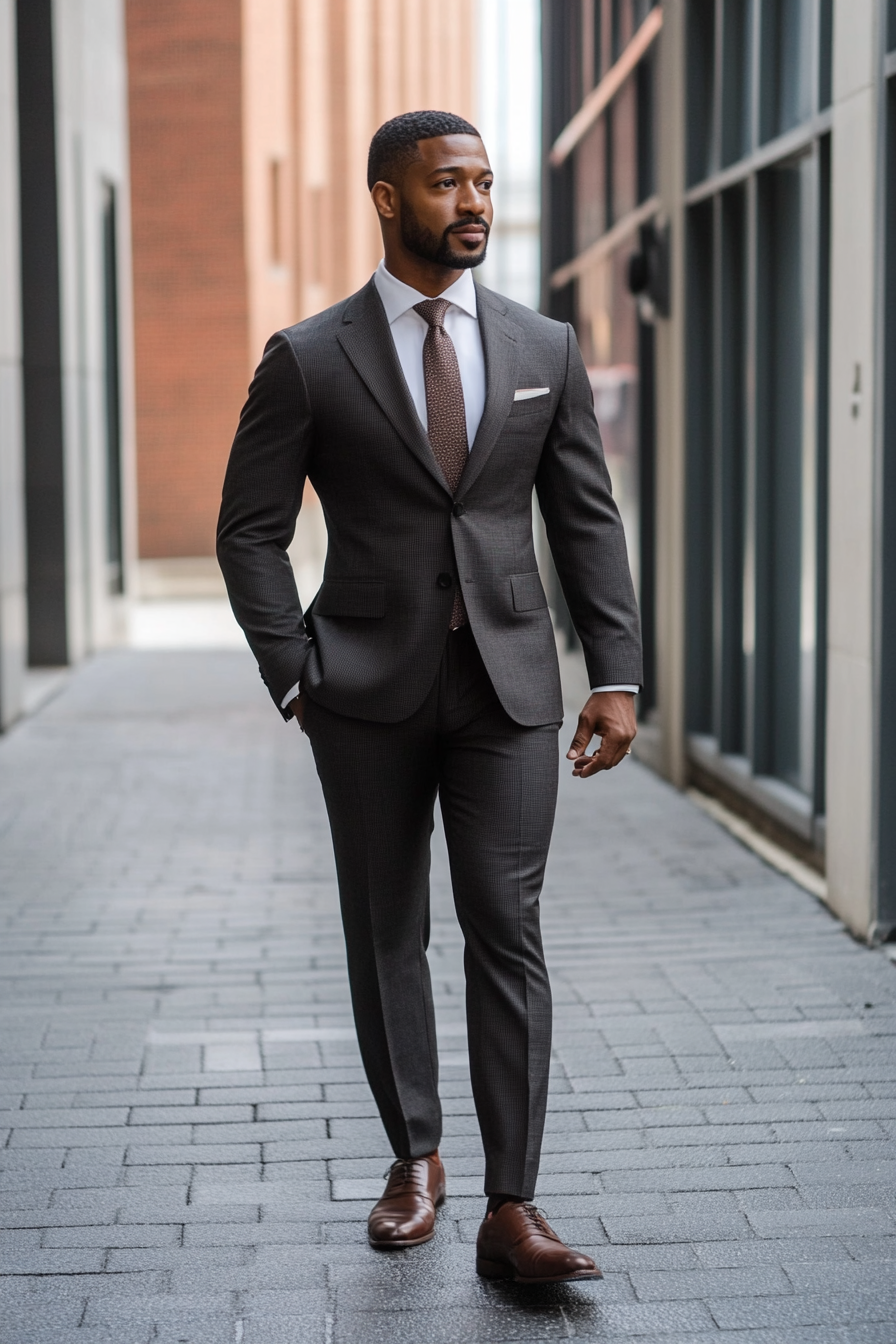 Men's Classic Style. Charcoal wool suit tailored with a tapered trouser leg.