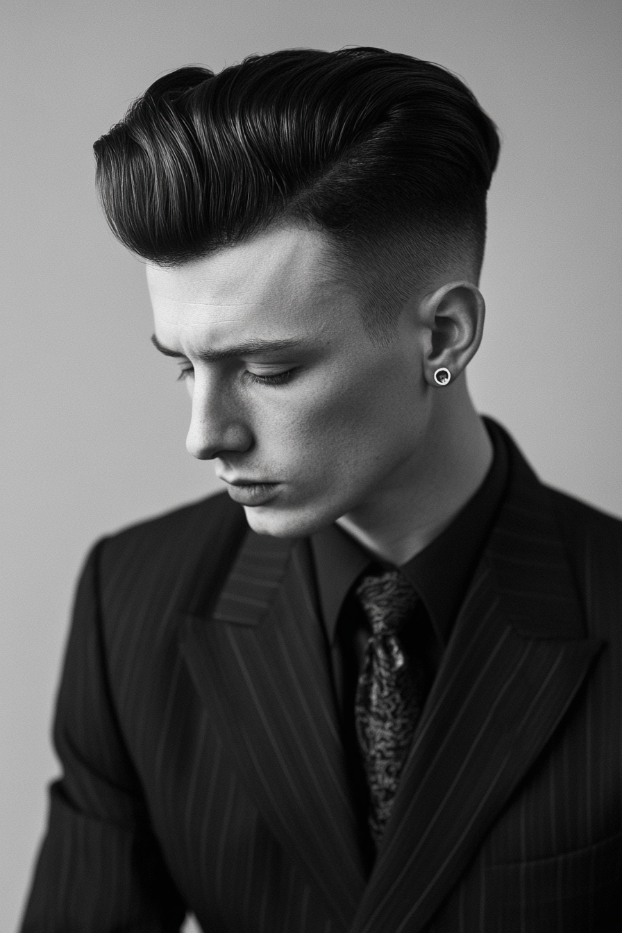 Men's statement style: high fade pompadour outfit.