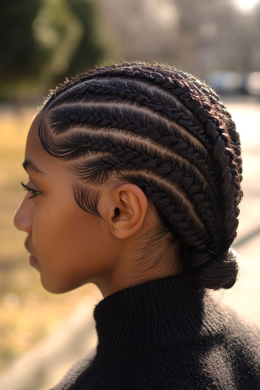 Protective hairstyle. Herringbone cornrows with weekly deep conditioning.