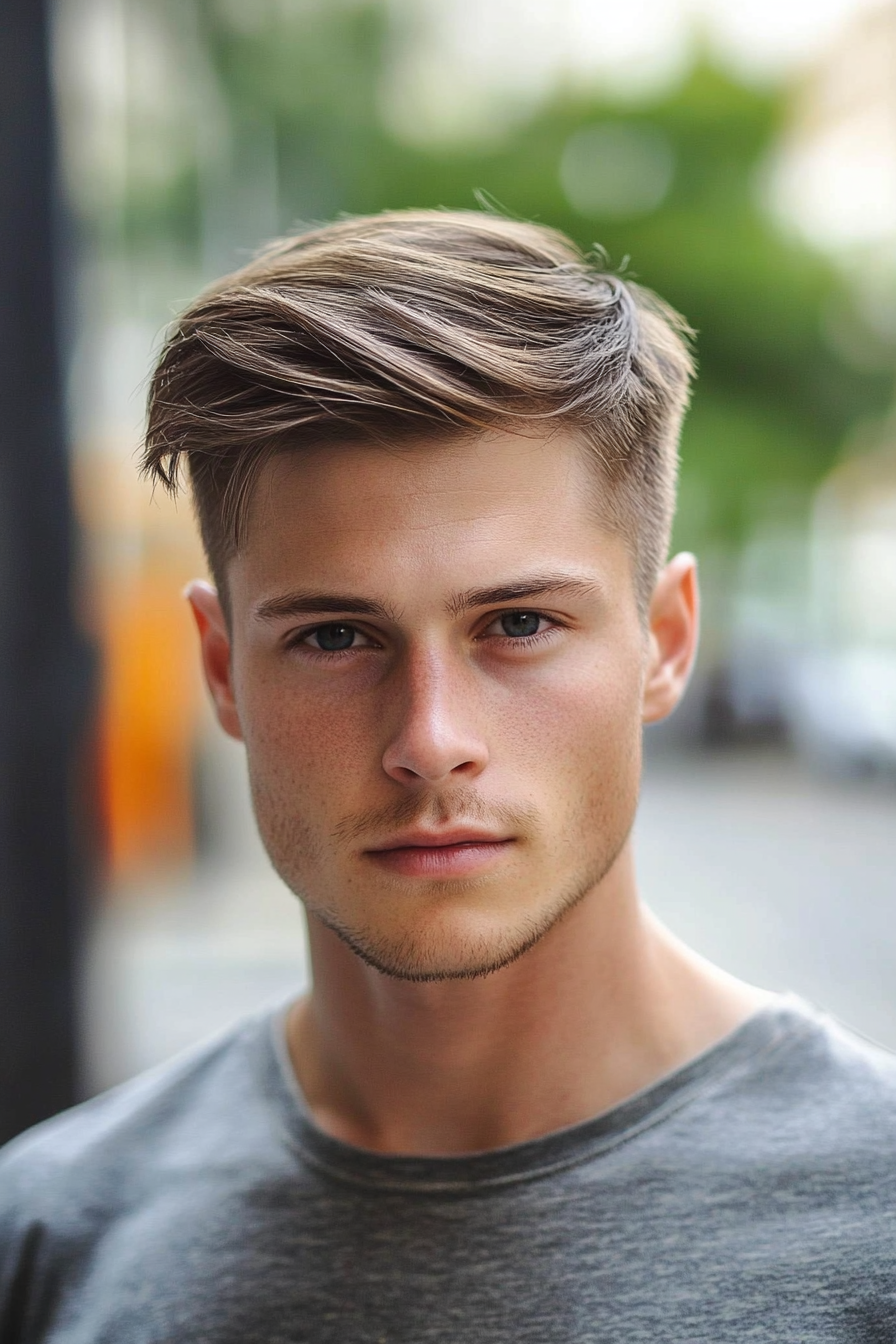 Men's short hairstyle. Taper fade with defined side part.