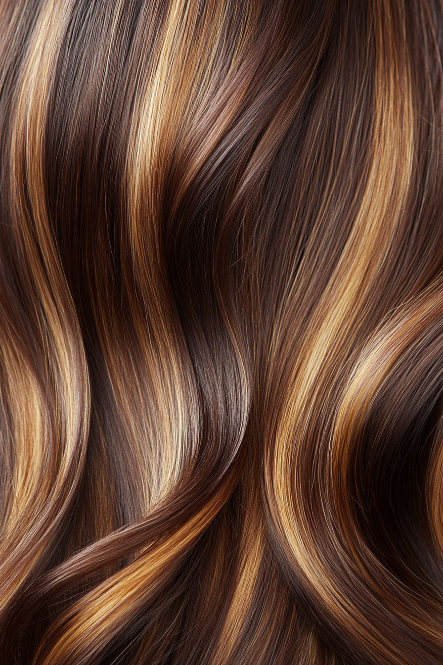 Women's hair color collection. Caramel mocha with  honey highlights.