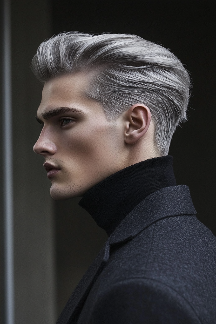 Men's Modern Style. Grey layered cut with slicked-back styling.