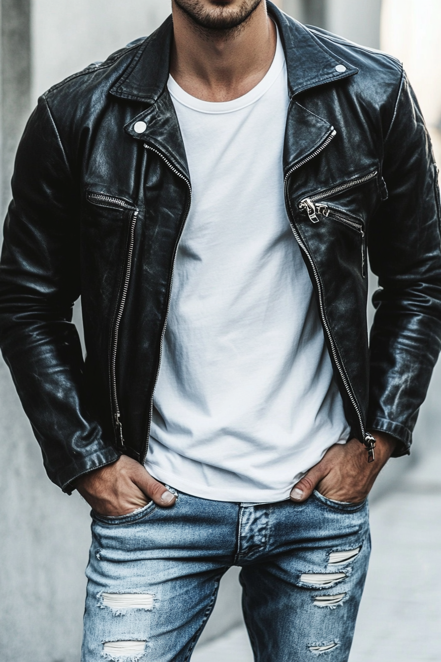 Edgy men's style. Black leather jacket, white t-shirt, distressed jeans.