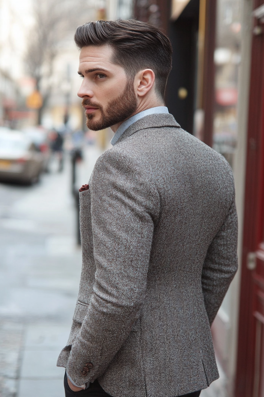 Men's classic style. Herringbone Tweed blazer with a precise fade haircut.