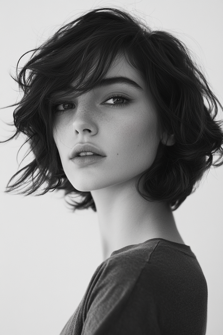 Women's soft style. Asymmetrical bob with loosely curled ends.