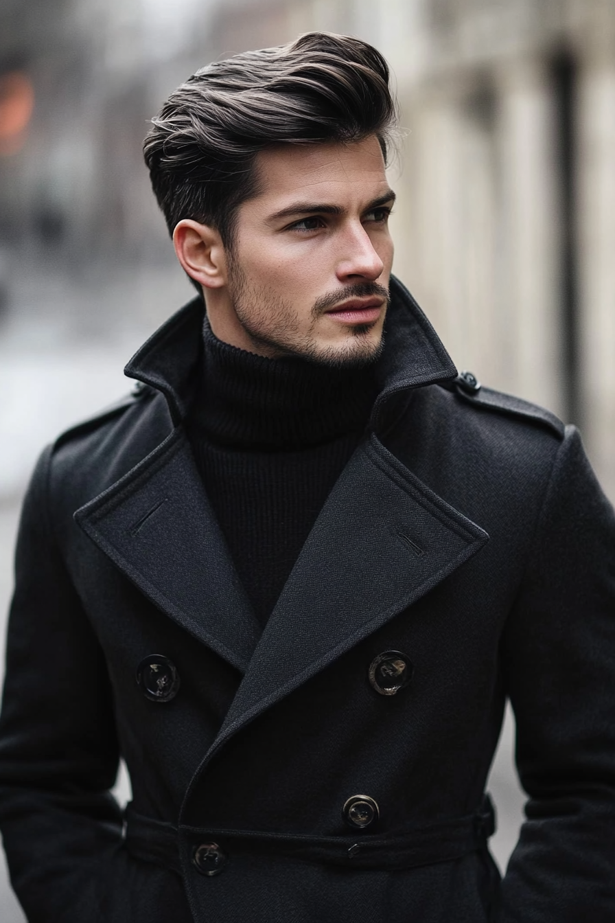 Men's Modern Style. Charcoal trench coat over soft cotton turtleneck, disconnected sides haircut.