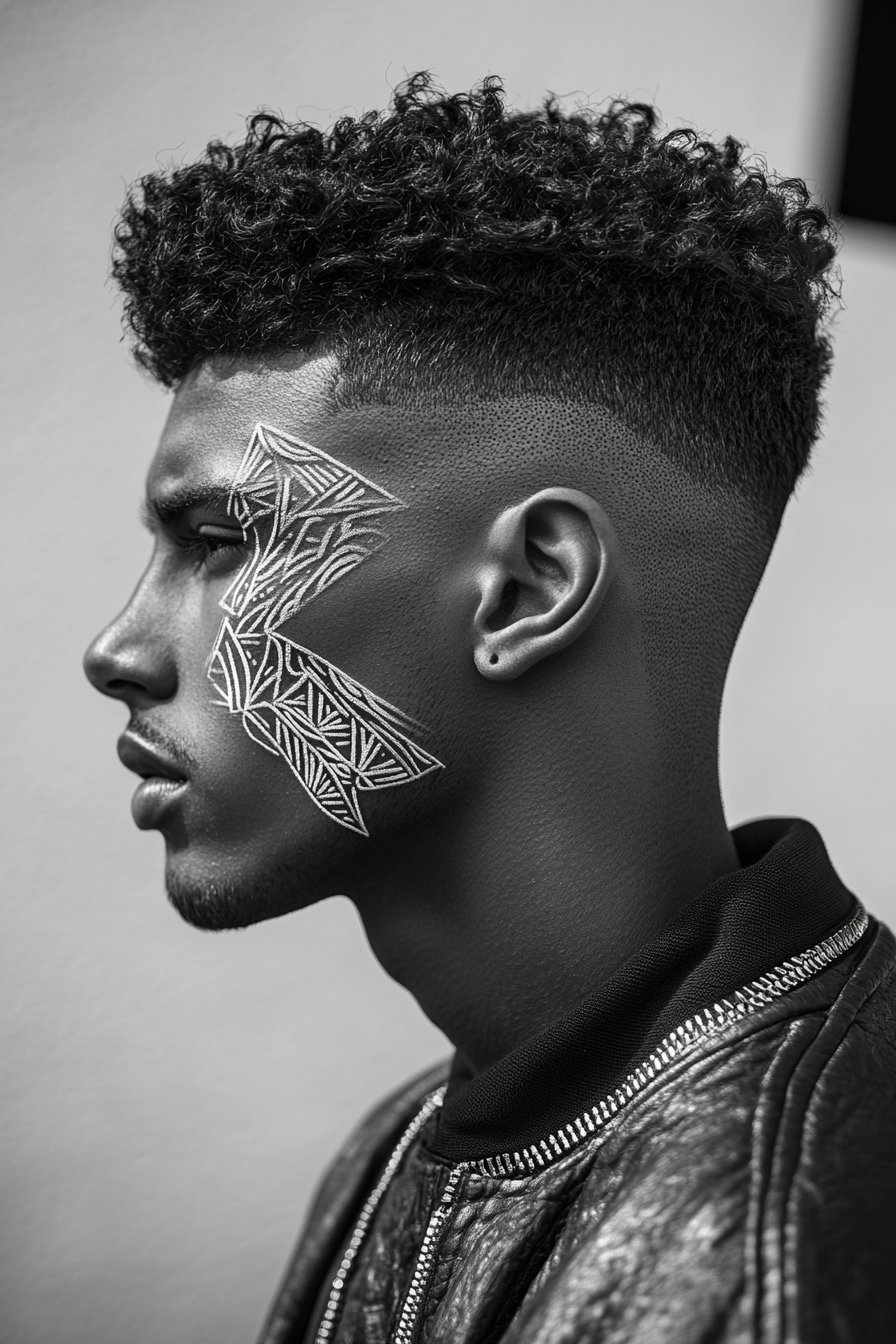 Men's statement style. High top fade with intricate shaved design.