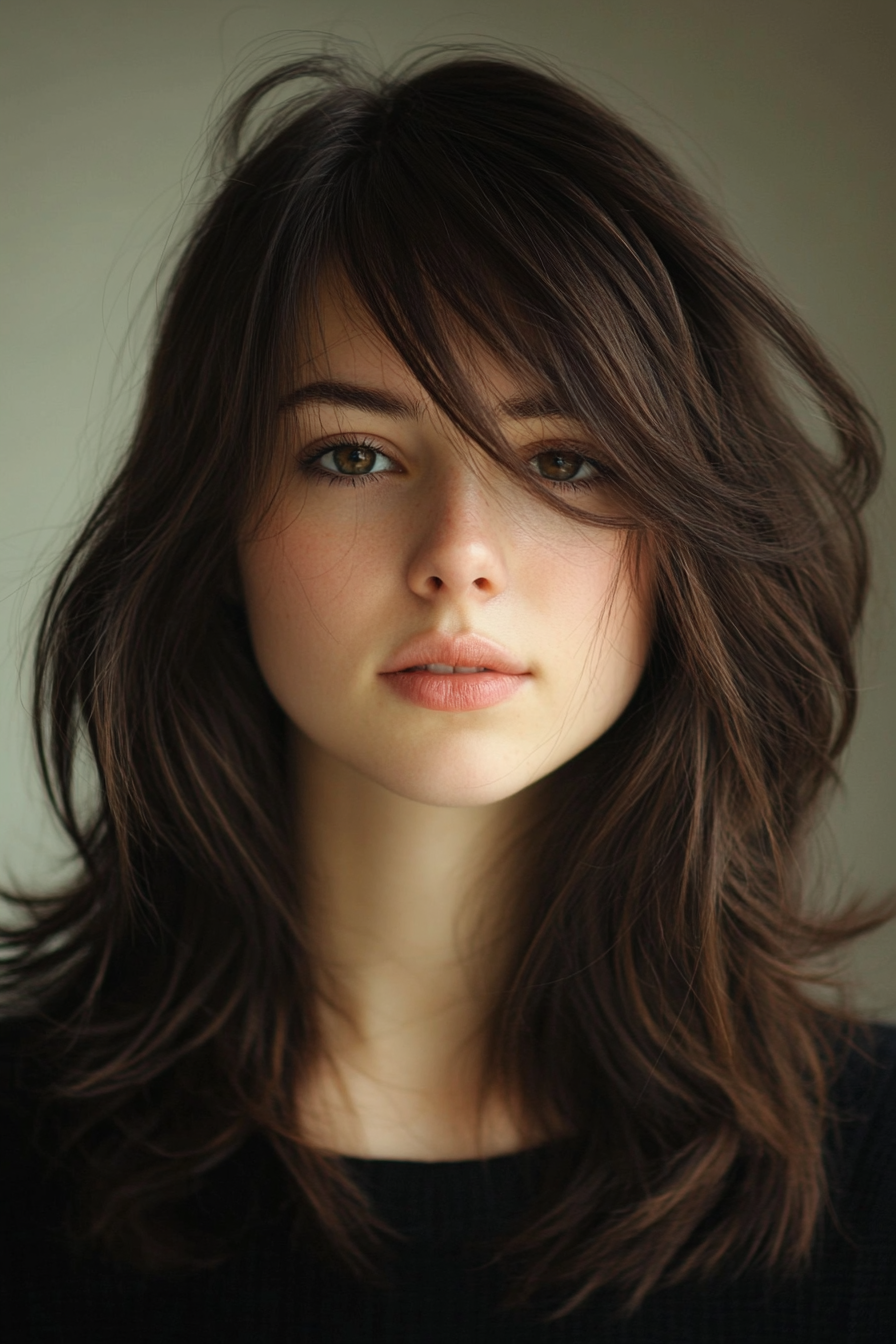 Modern Style women's hairstyle. Brown choppy layers and curtain bangs.