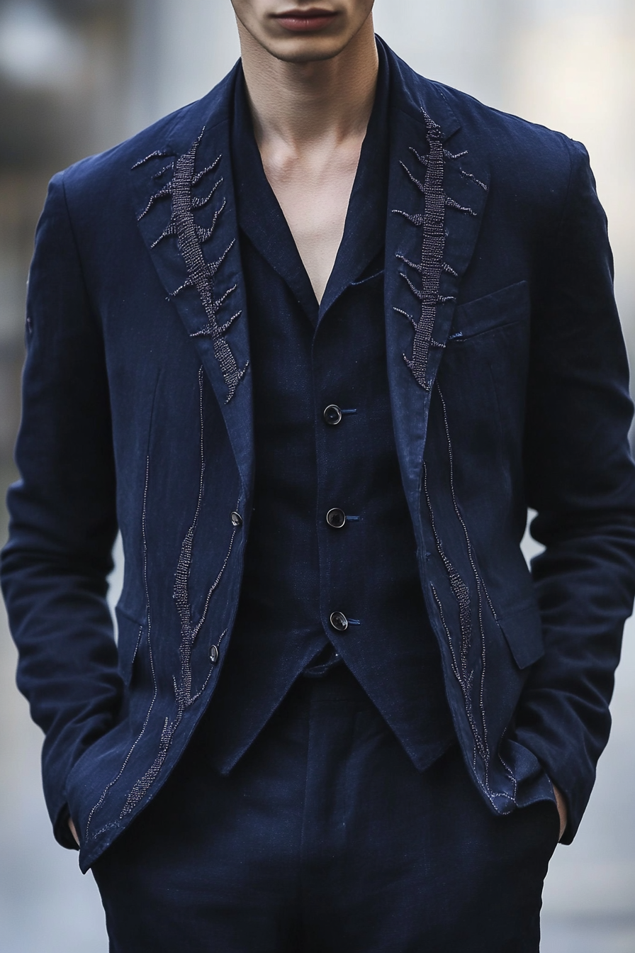 Men's style. Navy blue blazer with ombre-style caterpillar stitches.