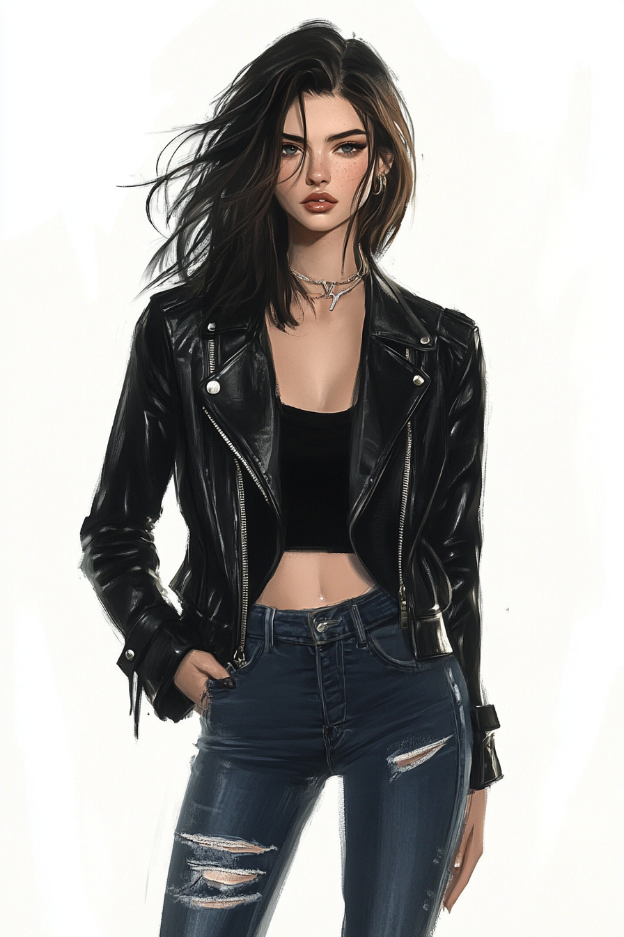 Modern style for women. Black leather jacket with high waisted jeans and choppy layered haircut.