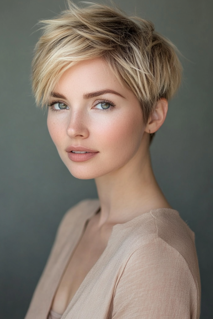 Short hairstyle for women. Textured crown and tapered sides.