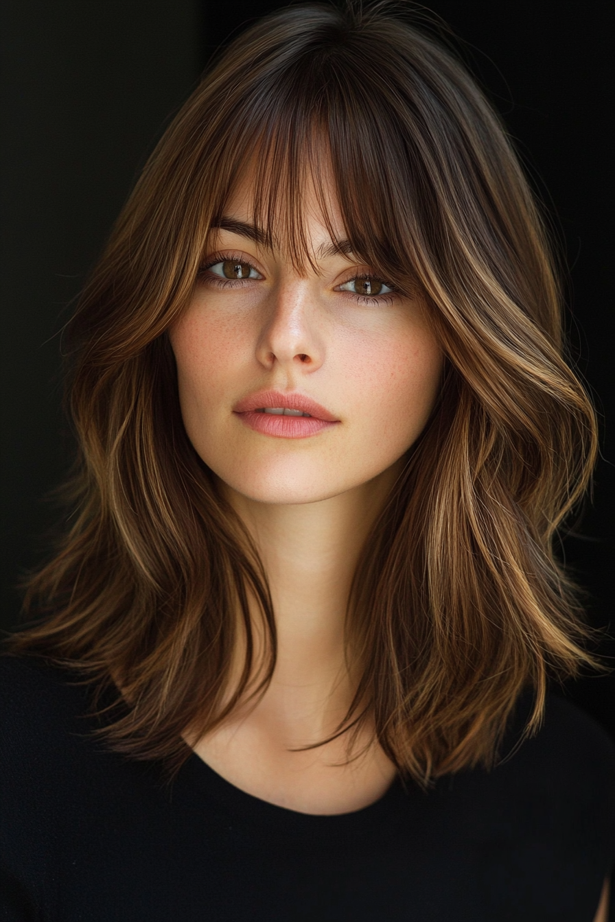 Modern style women's hair. Medium choppy layers with caramel highlights and curtain bangs.