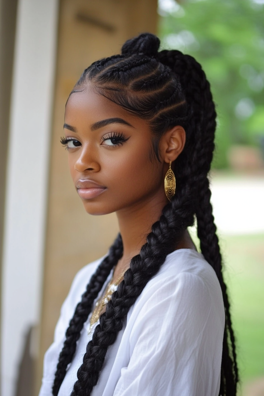 Protective hairstyle. Box braids with zigzag parting, use satin scarf at night.