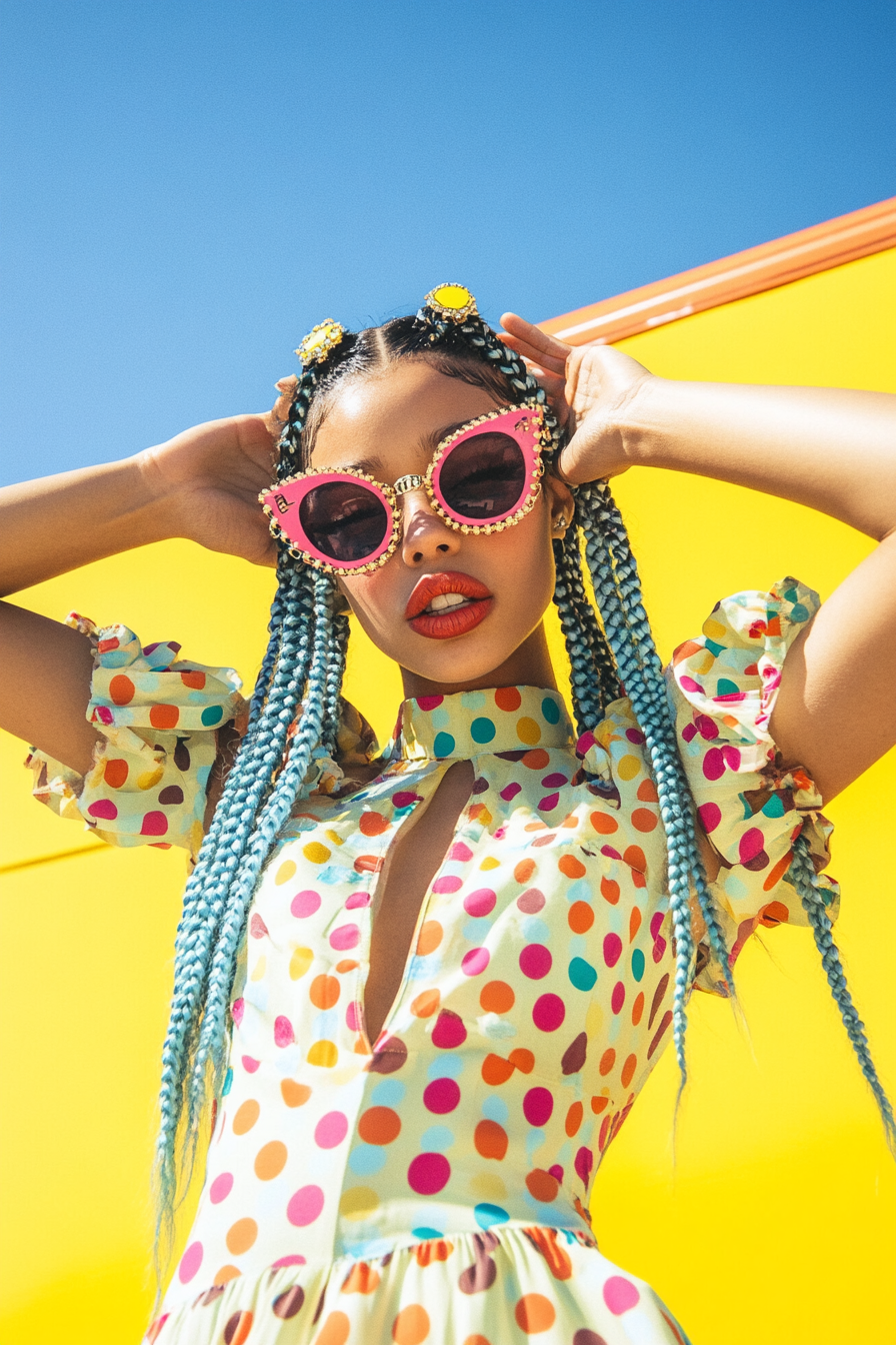 Retro style women's outfit. Polka dot dress with baby braids, colorful clips, and face-framing pieces.