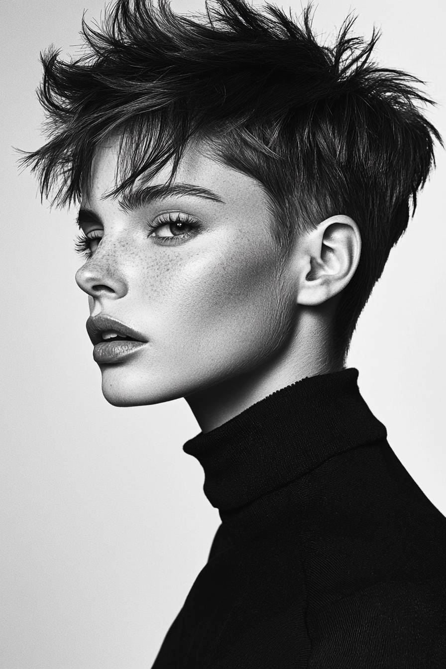 Short hairstyle. Textured crown, tapered sides.