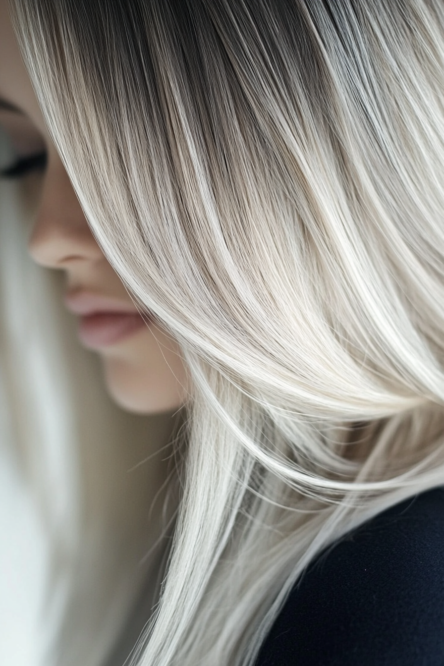 Women's hair color. Medium brown shadow roots with silver toning.