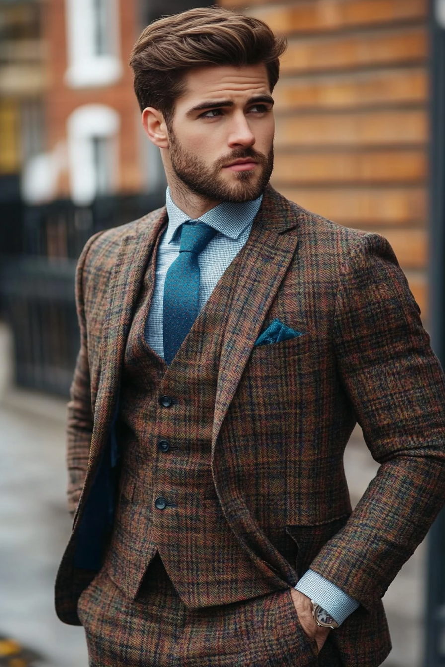 Men's classic style. Tartan suit with a gradient blue tie.