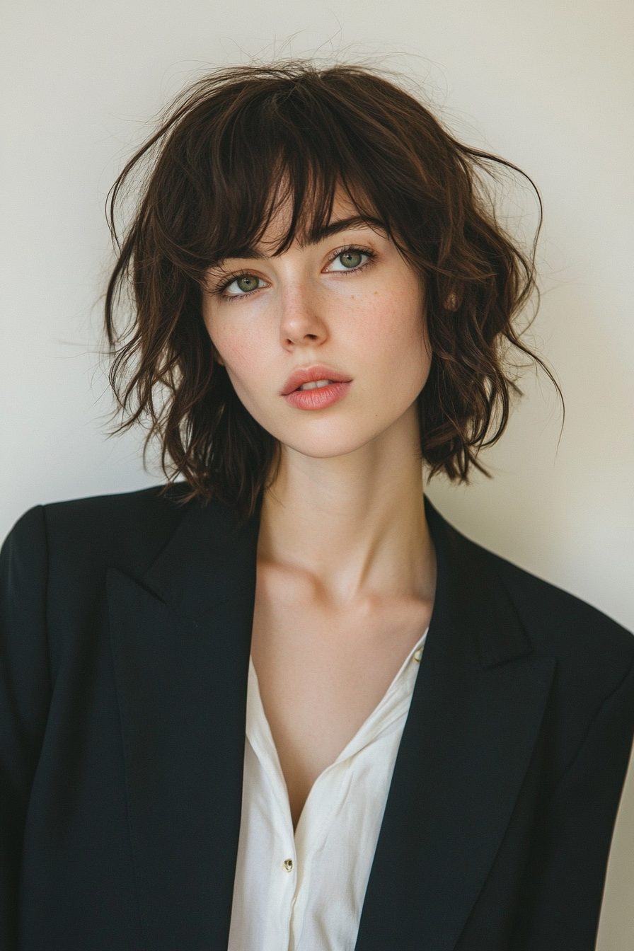 Modern Women's style. Blazer with choppy layer haircut and curtain bangs.