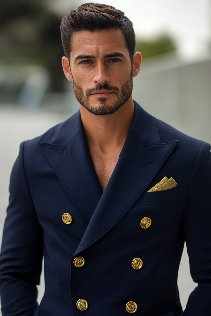 Men's style, navy blazer with gold buttons and precise fade haircut.