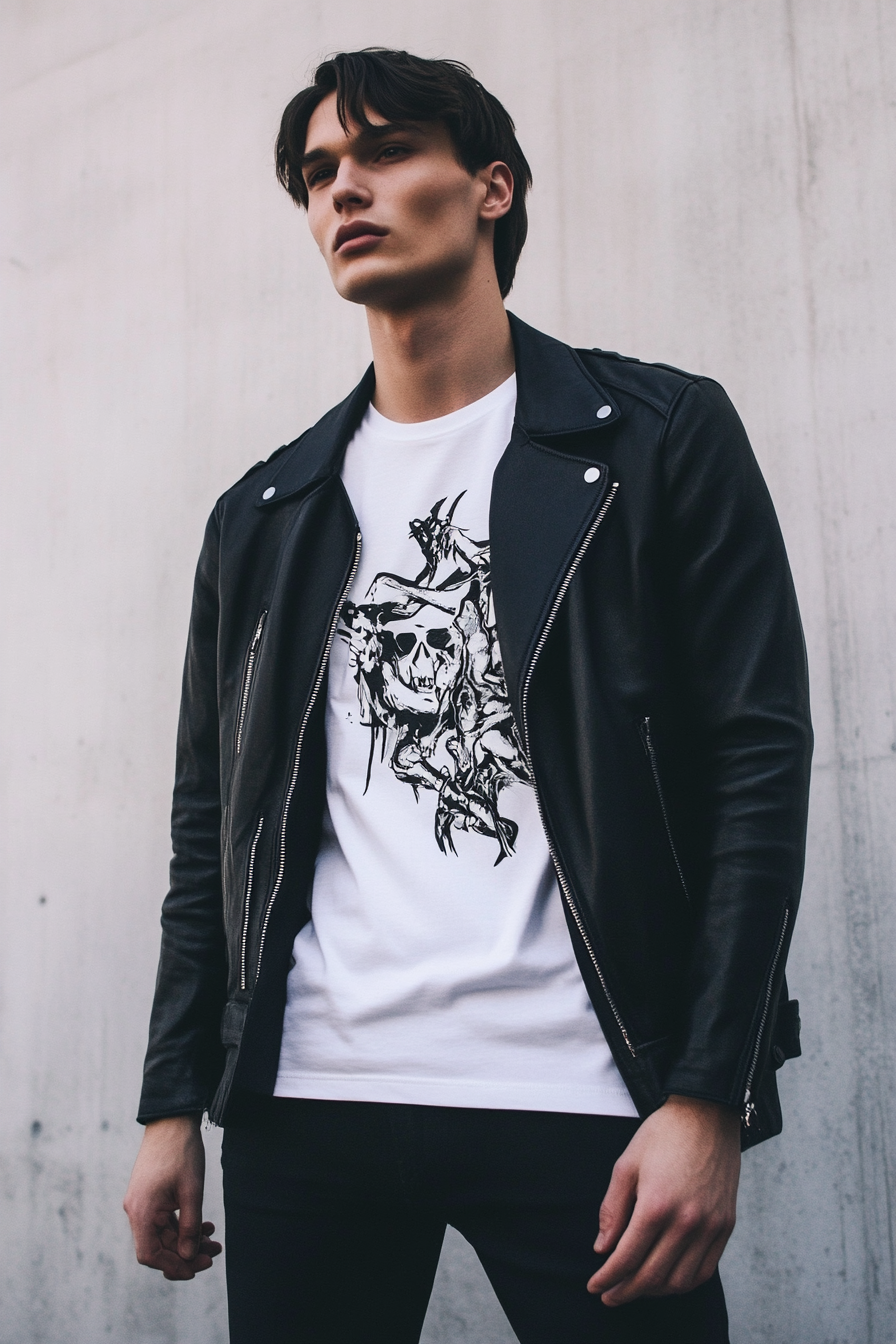 Men's edgy style. Black leather jacket with white graphic tee.