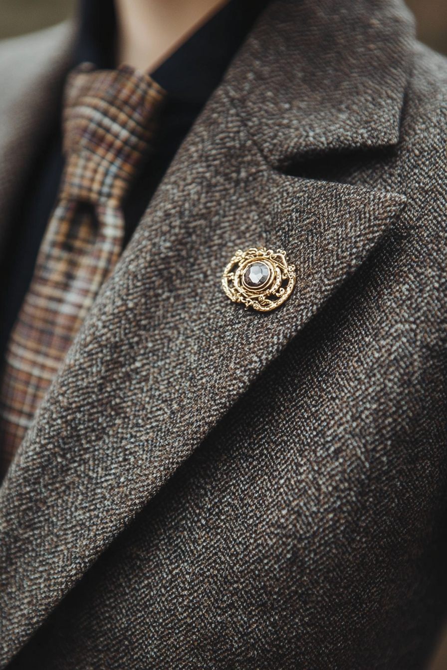 Classic women's style. Tailored blazer with gold brooch ornament.