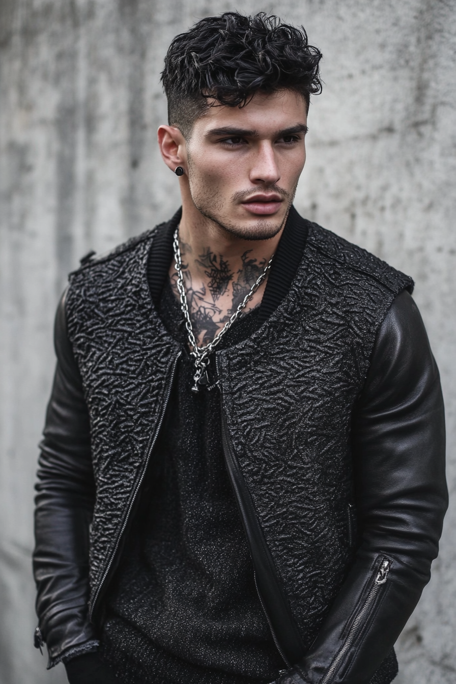 Men's contemporary style. Textured top with tapered sides and a leather jacket.