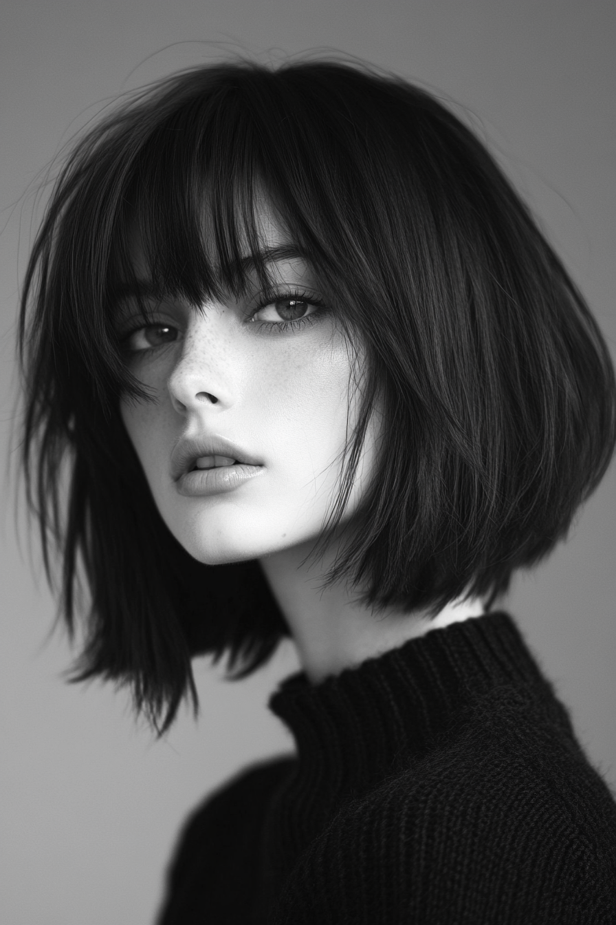 Women's modern hairstyle. Dark bob with choppy layers and curtain bangs.