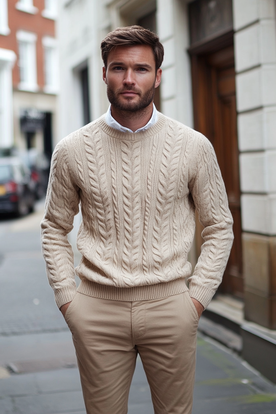 Men's seasonal style. Cable knit jumper with tapered chinos.