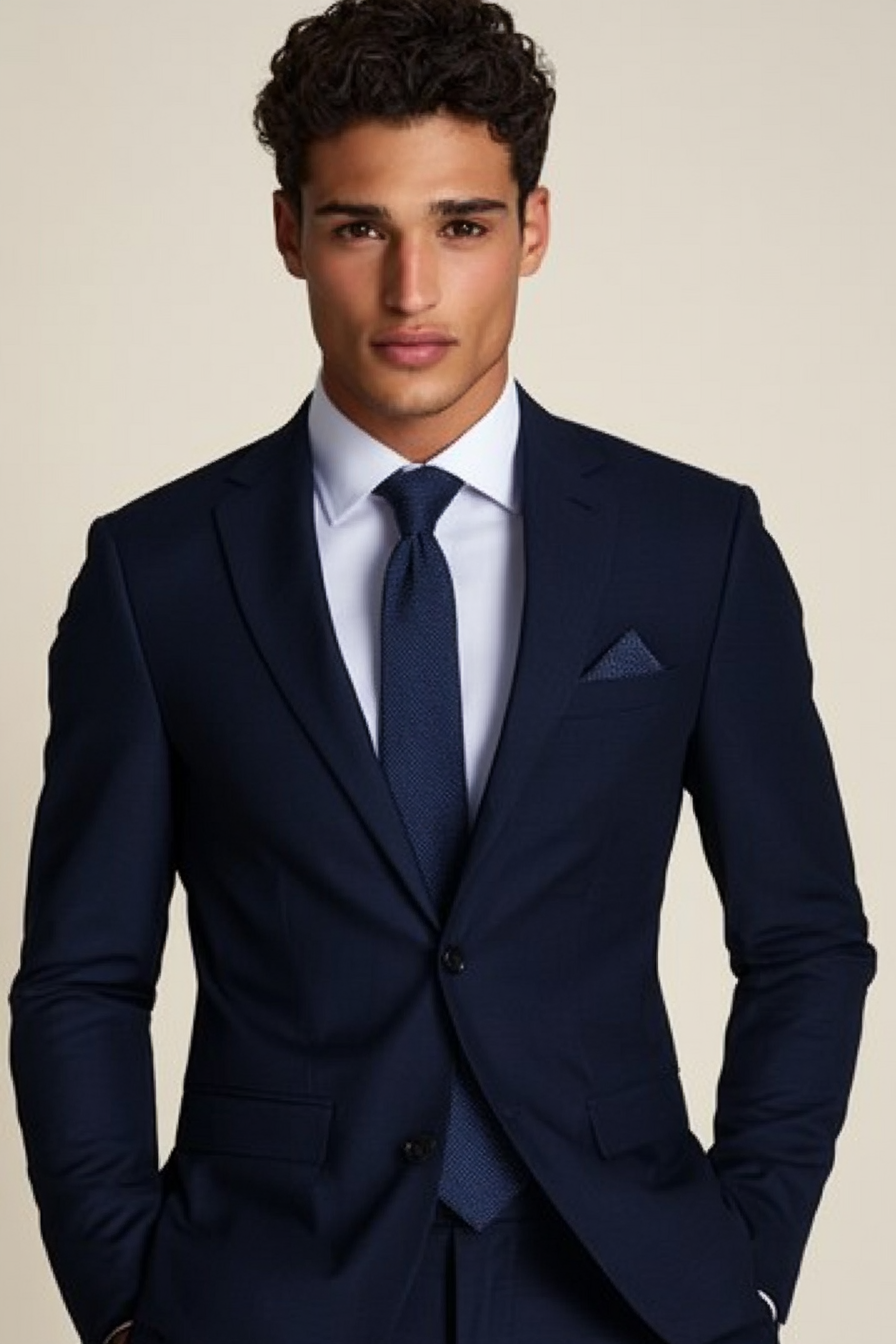 Men's Short Style Collection. Navy blue suit with gradient tie and clean pocket square.