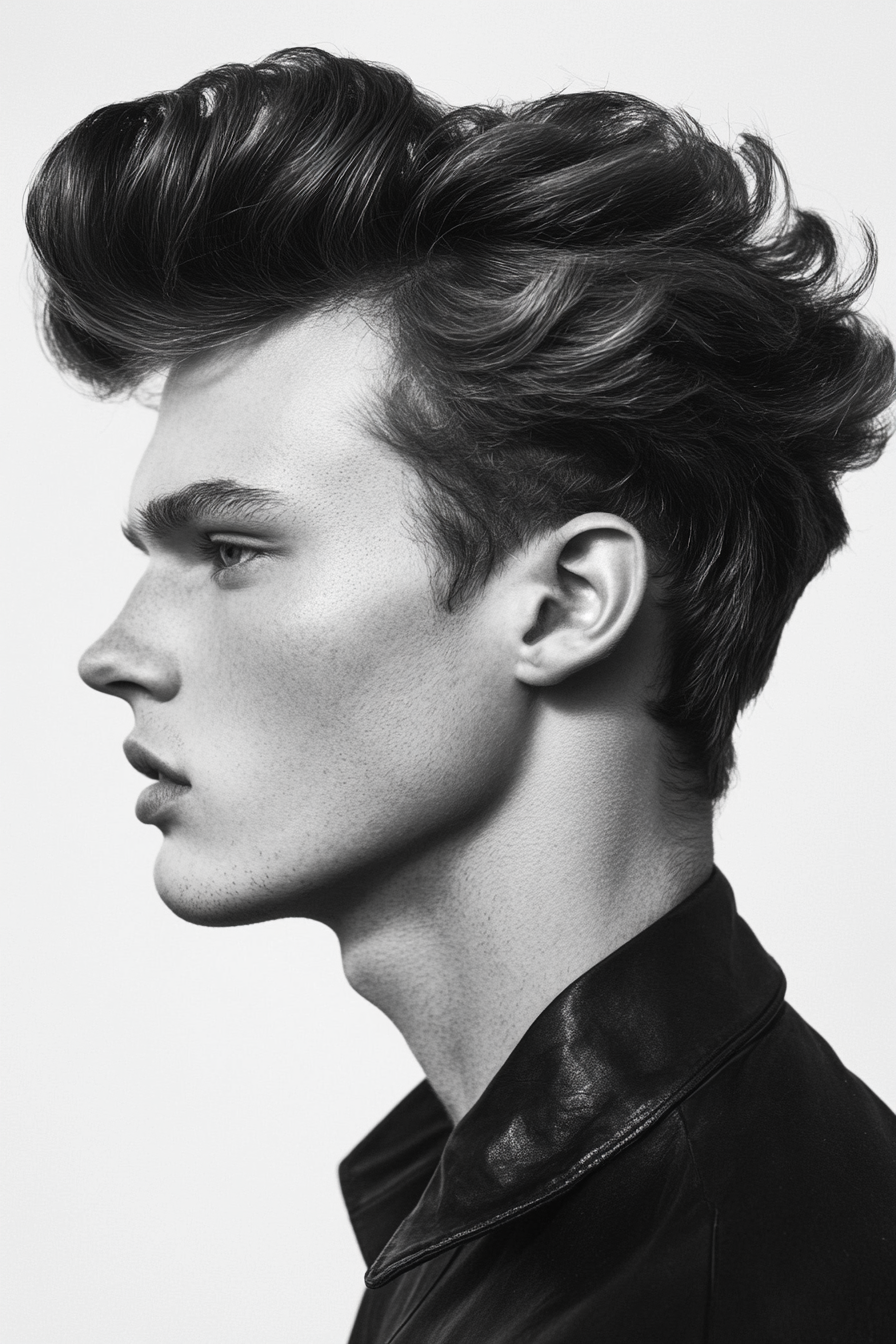 Men's volume style. Textured pompadour with matte hair gel.