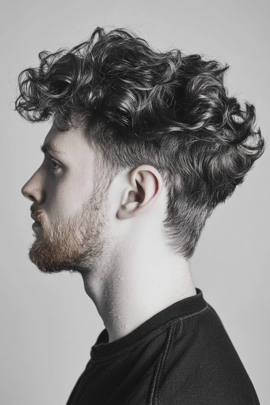 Men's Curly hairstyle. Water-spritzing method with pomade product application.