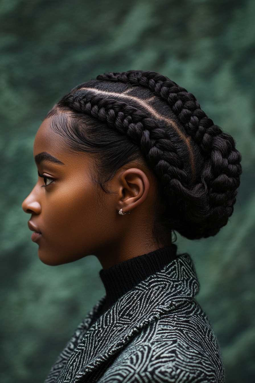 Braided hairstyle for women. Zigzag cornrow pattern incorporating scalp moisturizing oils.