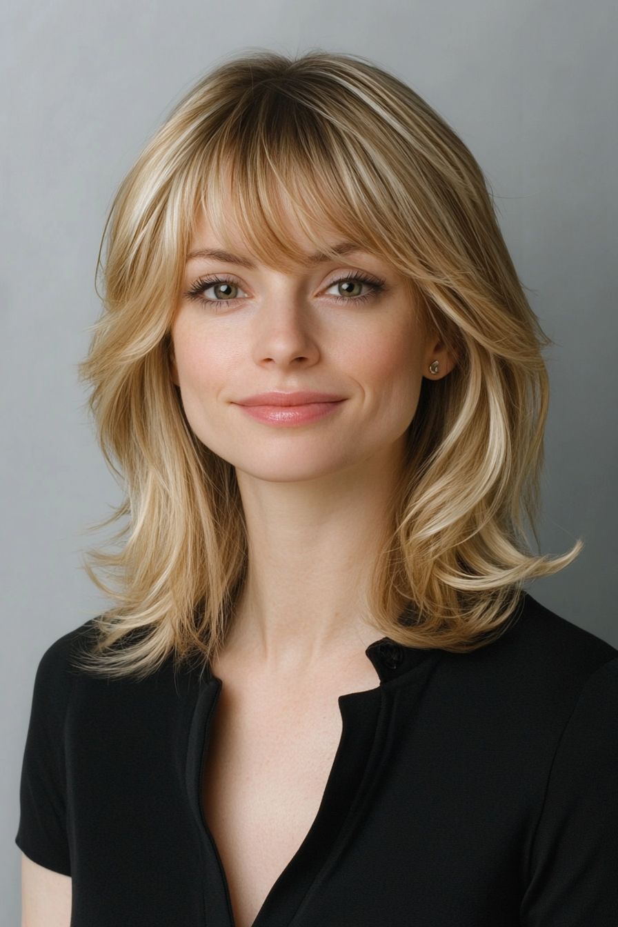 Women's soft style. Mid-length layered bob with wispy bangs.
